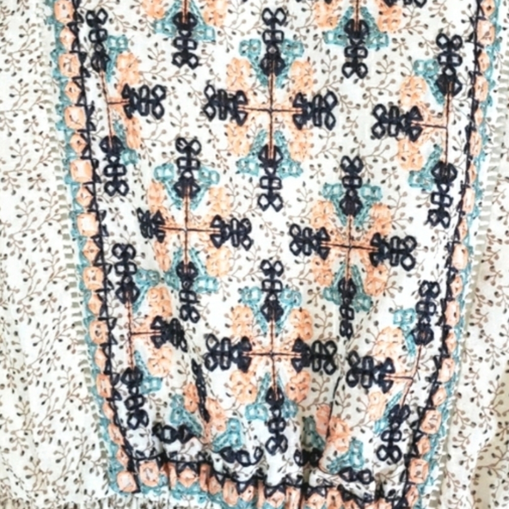 Skies Are Blue Boho V-Neck Embroidered Vine Adjustable Tassels Maxi Dress - Picture 6 of 9